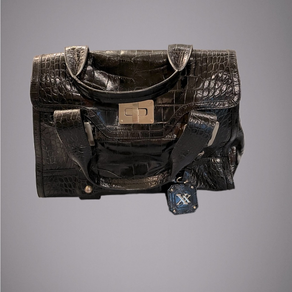 Max New York large black satchel bag. Crocodile pattern